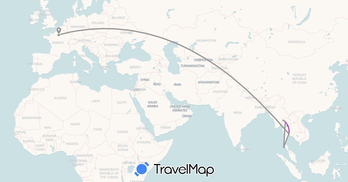 TravelMap itinerary: bus, plane, train, boat in France, Thailand (Asia, Europe)